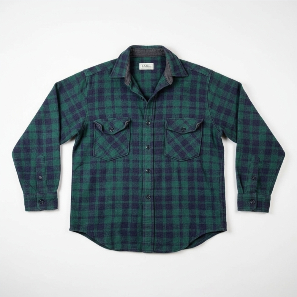 Vintage L.L. Bean Wool Flannel Field Shirt - Green/Navy Plaid - Men's Medium